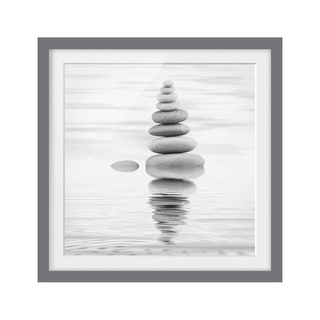 Picture With Frame - Stone Tower In Water Black & White - Square 1:1_Matte Highland Dunes Frame Option: Grey, Size: 50cm H x 50cm W x 2cm D on Productcaster.