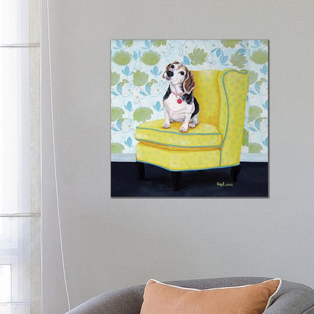 Beagle On Yellow by Carol Dillon - Wrapped Canvas Print Marlow Home Co. Size: 45.72cm H x 45.72cm W x 3.81cm D on Productcaster.