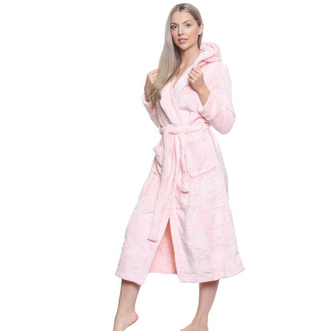 Franke Fleece Above Knee Bathrobe with Pockets and Hood White Noise Size: XL, Colour: Light Pink on Productcaster.