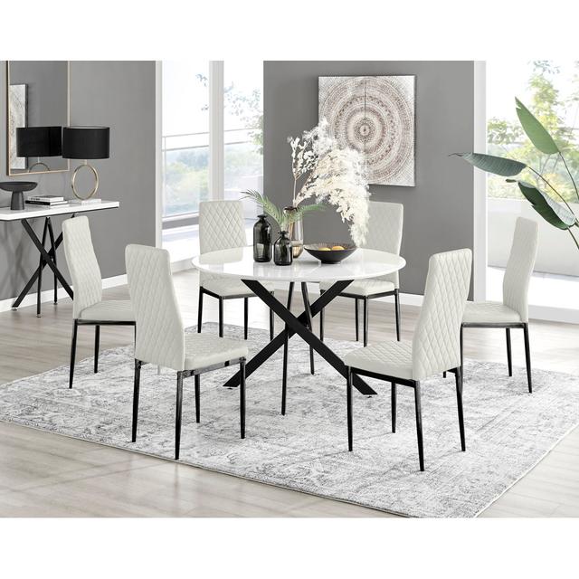 Tierra Modern Chrome Metal & Glass Round Dining Table Set with 6 Quilted Velvet Chairs Canora Grey Table Top Colour: White, Chair Colour: Cream/Black, on Productcaster.