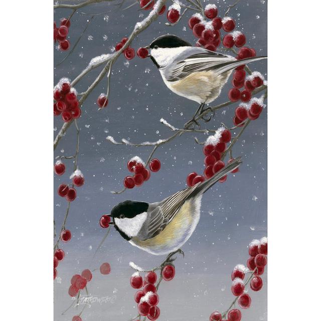 Winter Chickadees II - Wrapped Canvas Painting Rosalind Wheeler Size: 46cm H x 30cm W x 3.8cm D on Productcaster.