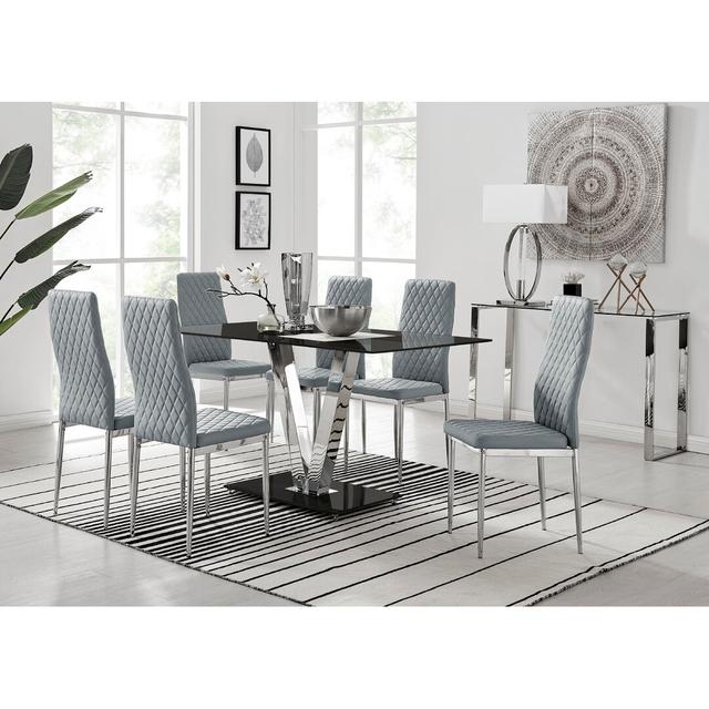 Ransart Modern Luxury Glass & Metal Dining Table Set With 6 Quilted Faux Leather Dining Chairs Canora Grey Colour (Chair): Grey/Silver on Productcaster.