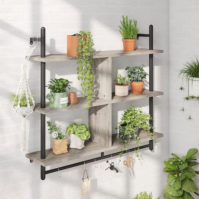 3 Tier Floating Pipe Shelving 115CM Industrial Wall Mounted Ladder Shelf Hanging With Circular Tube With Hooks Wood Display Storage Home Decor Book Sh on Productcaster.