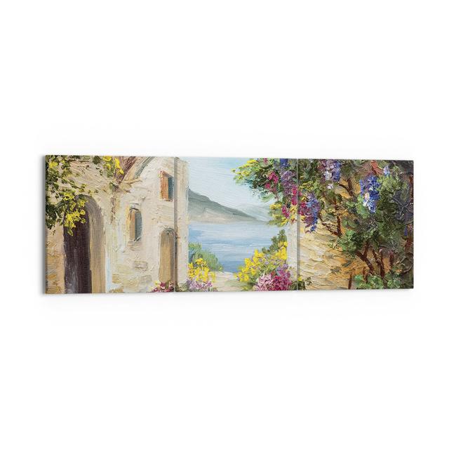 House Santorini Flowers - 3 Piece Unframed Painting on Canvas Rosalind Wheeler Size: 50cm H x 150cm W x 1.8cm D on Productcaster.