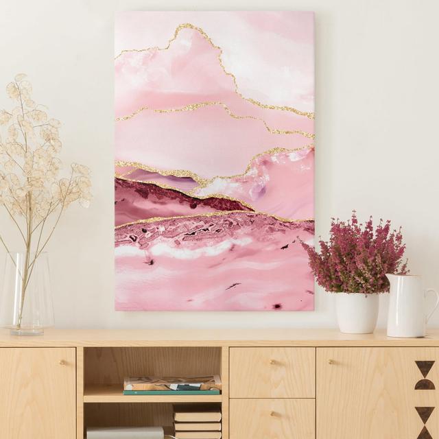 Leinwandbild Abstrakte Berge Rosa mit goldenen Linien Canora Grey on Productcaster.