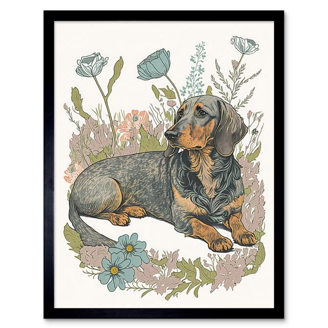 Dachshund Dog Lying In Flower Field Pastel Watercolour - Single Picture Frame Print Marlow Home Co. on Productcaster.