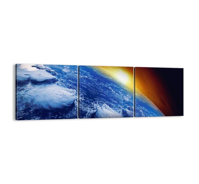 Sunrise over the Blue Planet - 3 Piece Unframed Panoramic Photograph Print Set on Canvas Latitude Run Size: 50cm H x 150cm W x 1.8cm D on Productcaster.