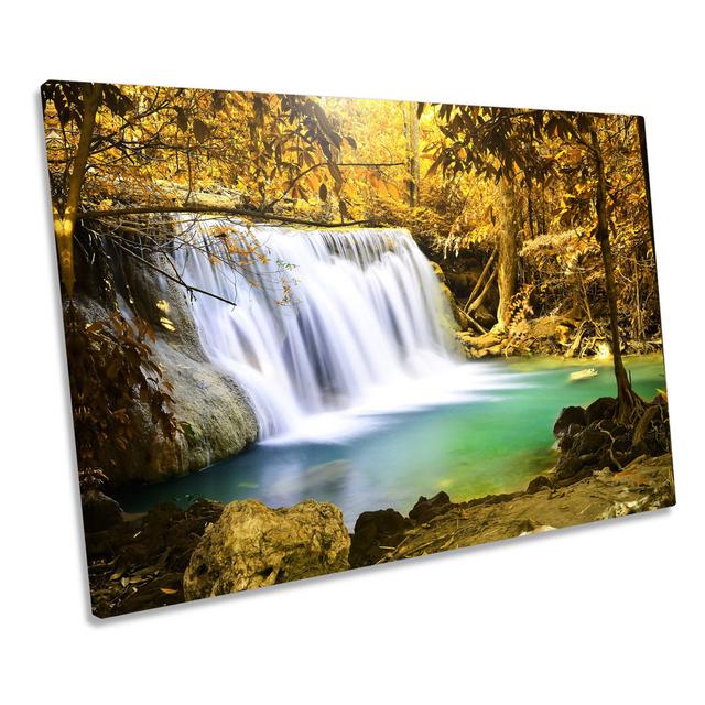 Forest Waterfall Sunset Landscape CANVAS WALL ART Framed Print Union Rustic Size: 91.4cm H x 137.2cm W x 4cm D on Productcaster.