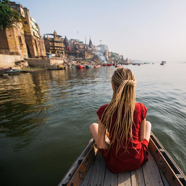 Woman Traveler On A Boat In The Ganges River Waters, Varanasi, India. Longshore Tides Size: 30cm H x 30cm W x 3.8cm D on Productcaster.