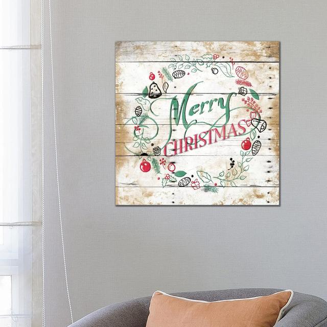 Merry Christmas Wreath by Jace Grey - Wrapped Canvas Painting The Seasonal Aisle Size: 66.04cm H x 66.04cm W x 1.905cm D on Productcaster.