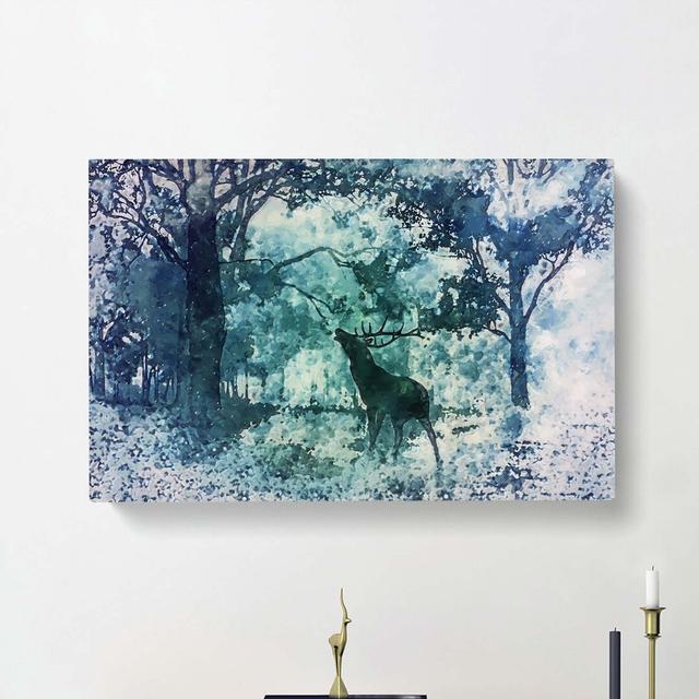 Deer Stag in a Blue Forest in Abstract - Wrapped Canvas Painting Print East Urban Home Size: 60cm H x 91cm W x 3cm D on Productcaster.