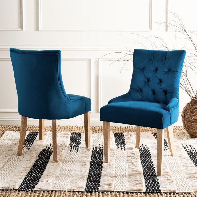 Baumgarten Upholstered Dining Chair (Set of 2) Three Posts Upholstery Colour: Marine Blue, Leg Colour: Whitewashed on Productcaster.