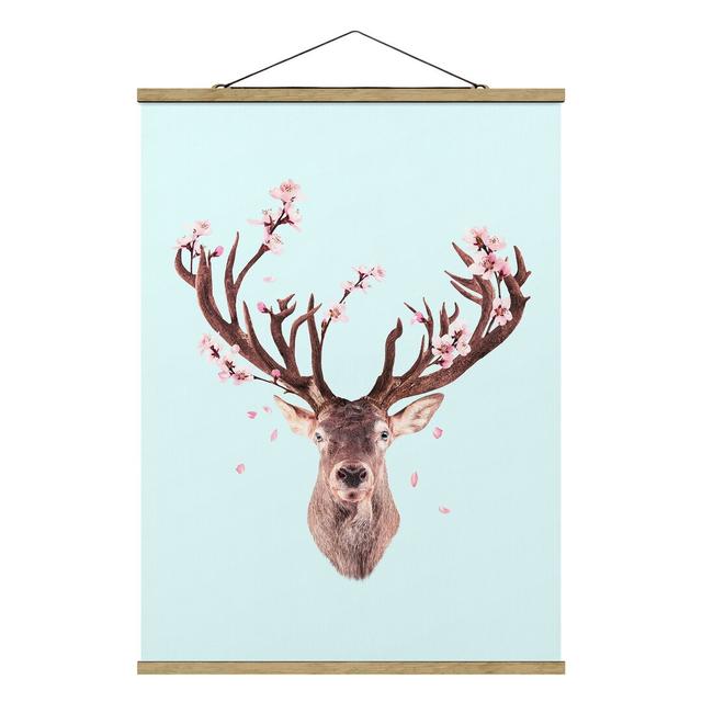 Deer With Cherry Blossoms - Graphic Art Print on Fabric Maturi Size: 106.5cm H x 80cm W x 0.3cm D on Productcaster.