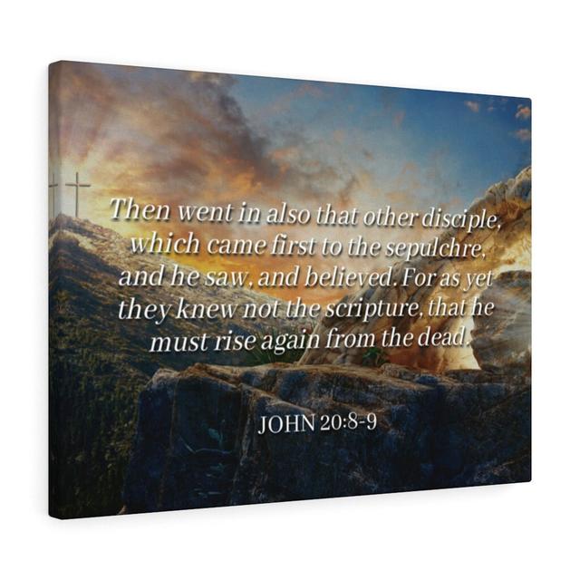 Rise Again John 20:8-9 - Wrapped Canvas Typography Blue Elephant Size: 46cm H x 61cm W on Productcaster.