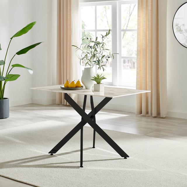 Chanden Luxury Marble Effect Glass 4 Seater Dining Table - Modern Statement Design Canora Grey Table Top Colour: White, Table Base Colour: Black on Productcaster.