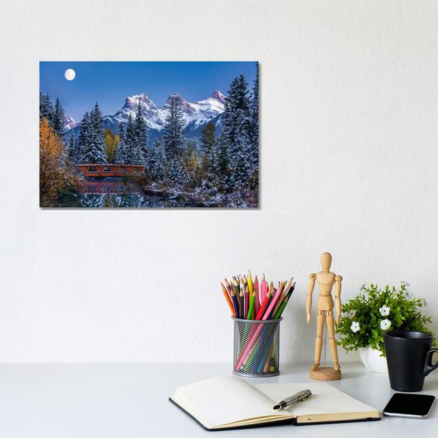 View Of Spring Creek Bridge At Three Sisters Mountain, Canmore, Alberta, Canada - Wrapped Canvas Print Alpen Home Size: 20.32cm H x 30.48cm W x 1.91cm on Productcaster.