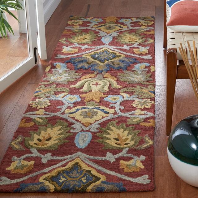 Hollaway Floral Handmade Tufted Wool Red/Orange Area Rug Blue Elephant Rug Size: Runner 69 x 305cm on Productcaster.