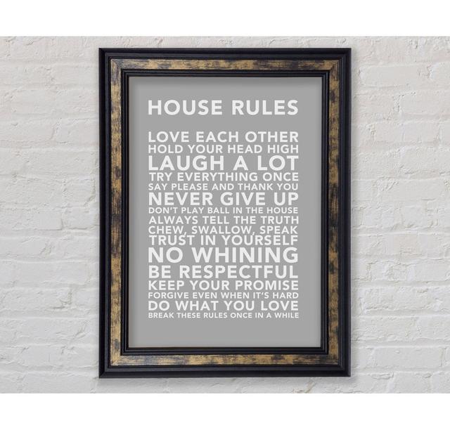 Family Quote House Rules 3 Perspections Größe: 84,1 cm H x 59,7 cm B x 1,5 cm T, Format: Poster mit metallgrauem Rahmen, Farbe: Grau/Weiß on Productcaster.