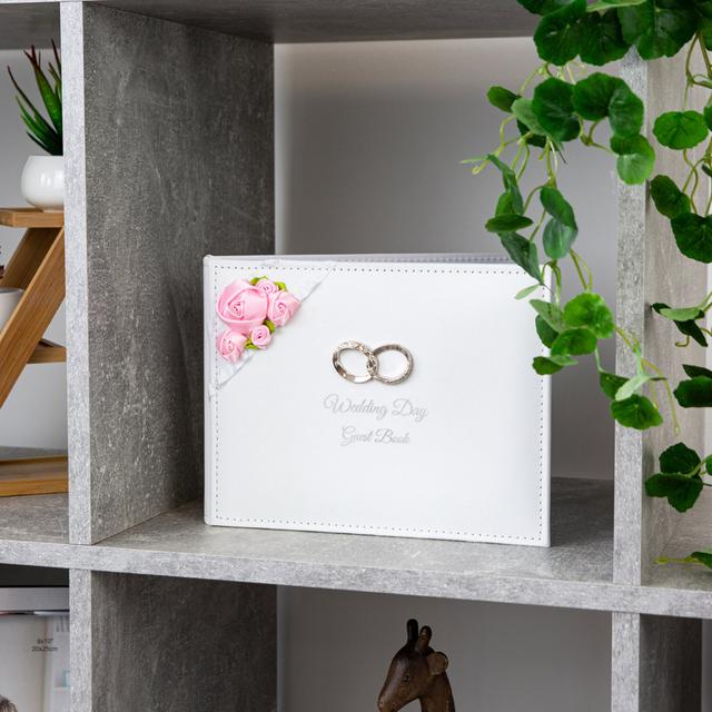 Ivory/White Suede Wedding Guest Book with Faux-Silk Roses by Happy Homewares on Productcaster.