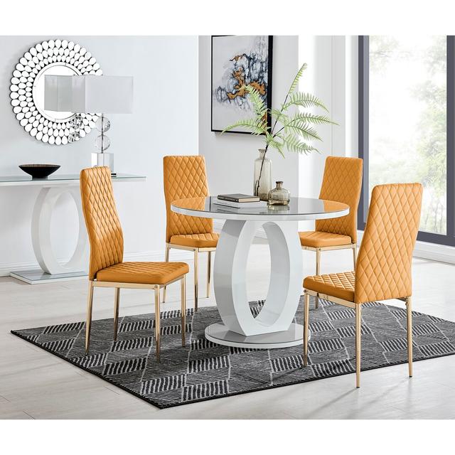 Scottsmoor Halo Round Dining Table Set in Modern High Gloss with 4 Luxury Faux Leather Dining Chairs Canora Grey Colour (Table Top): Grey, Colour (Cha on Productcaster.