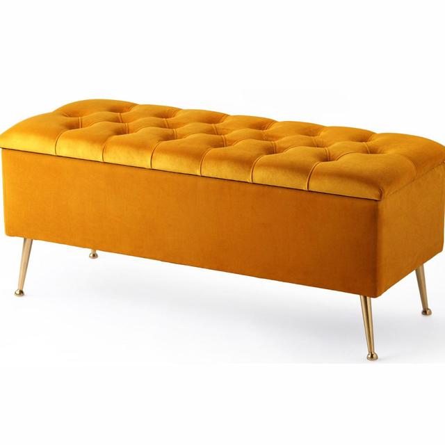 French Chesterfield Upholstered Footstool - End of Bed Table – Ottoman Shoe Bench with Metal Legs R&M Furnishers Upholstery Colour: Burnt Orange Plus on Productcaster.