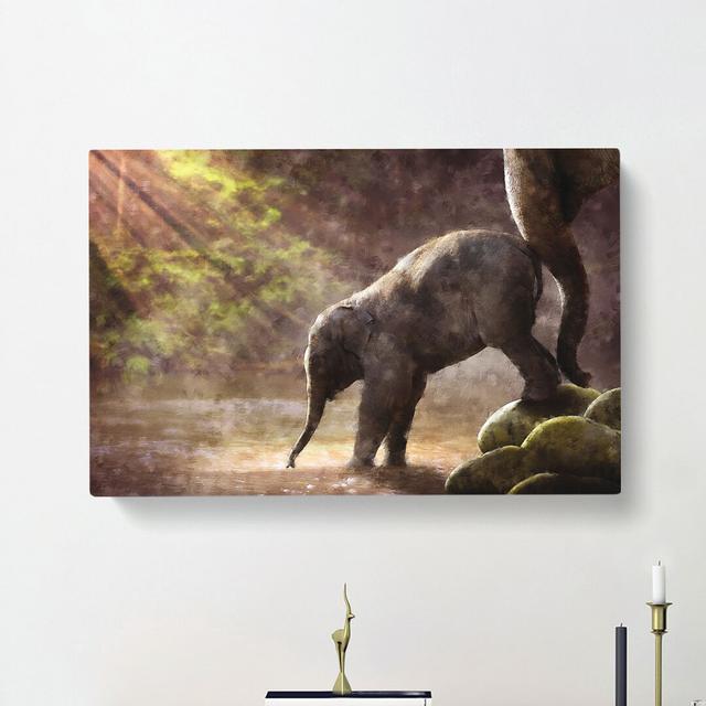 Mother Elephant Encouraging Baby - Wrapped Canvas Photograph Print East Urban Home Size: 35cm H x 50cm W x 3cm D on Productcaster.