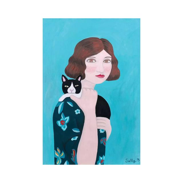 Woman in Floral Blue Dress with Cat by Sally B - Painting Print on Canvas Ebern Designs Format: Wrapped Canvas, Size: 45.72cm H x 30.48cm W x 1.91cm D on Productcaster.