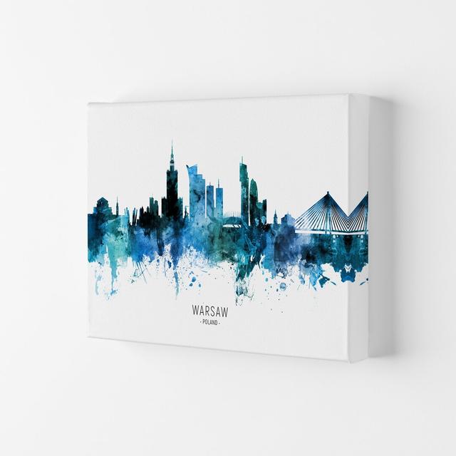 Warsaw Poland Skyline Blue City Name by Michael Tompsett - Graphic Art Ebern Designs Format: Wrapped Canvas, Size: 21cm H x 29.7cm W x 4cm D on Productcaster.