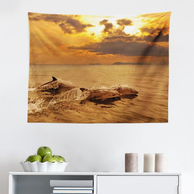 Wandbehang Dolphins at Sunset Water Splashes Aquatic Playful Animal Dusk East Urban Home Größe: 110 cm H x 150 cm B on Productcaster.