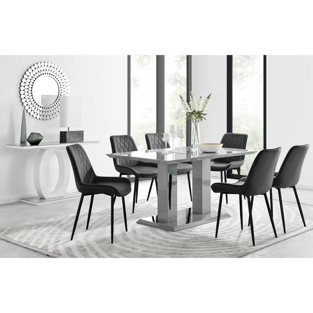 Edzard Double Pedestal High Gloss Dining Table Set with 6 Luxury Velvet Dining Chairs Furniture Box Colour (Chair): Black, Colour (Table Top): Grey on Productcaster.