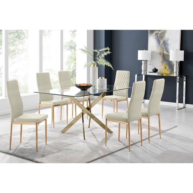 Lenworth Luxury Chrome and Glass Rectangular Dining Table and Chairs - x6 Velvet Chairs Metal Leg Furniture Box Table Base Colour: Gold, Chair Colour: on Productcaster.