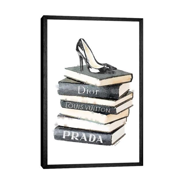 Tall Stack Of Fashion Books With Heels by Amanda Greenwood - Painting on Canvas Fairmont Park Format: Black Framed Canvas, Size: 66.04cm H x 45.72cm W on Productcaster.