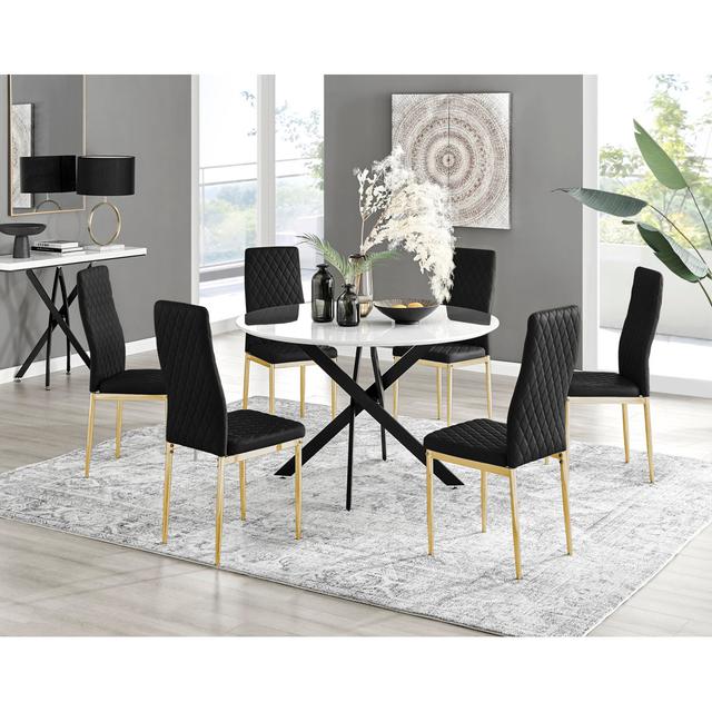 Tierra Modern Chrome Metal & Glass Round Dining Table Set with 6 Quilted Velvet Chairs Canora Grey Table Top Colour: White, Chair Colour: Black/Gold, on Productcaster.