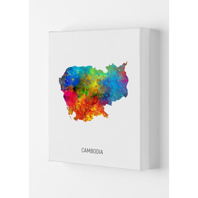 Cambodia Watercolour Map by Michael Tompsett - Print Latitude Run Size: 42cm H x 29.7cm W x 4cm D, Format: Wrapped Canvas on Productcaster.