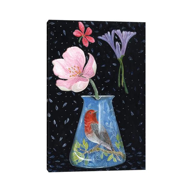 Blue Vase With Robin by Miri Eshet - Painting on Canvas Rosalind Wheeler Format: Wrapped Canvas, Size: 45.72cm H x 30.48cm W x 1.91cm D on Productcaster.