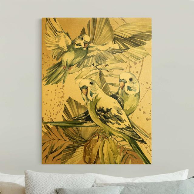 Tropical Birds - Green Budgies - Wrapped Canvas Graphic Art Bay Isle Home Size: 80cm H x 60cm W on Productcaster.