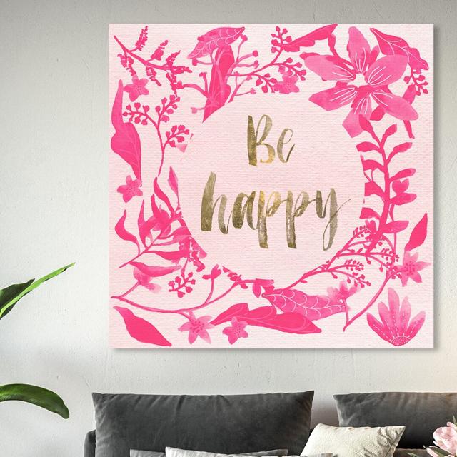 'Pink Happy' Typography on Wrapped Canvas East Urban Home Size: 109.2 cm H x 109.2 cm W x 3.8 cm D on Productcaster.