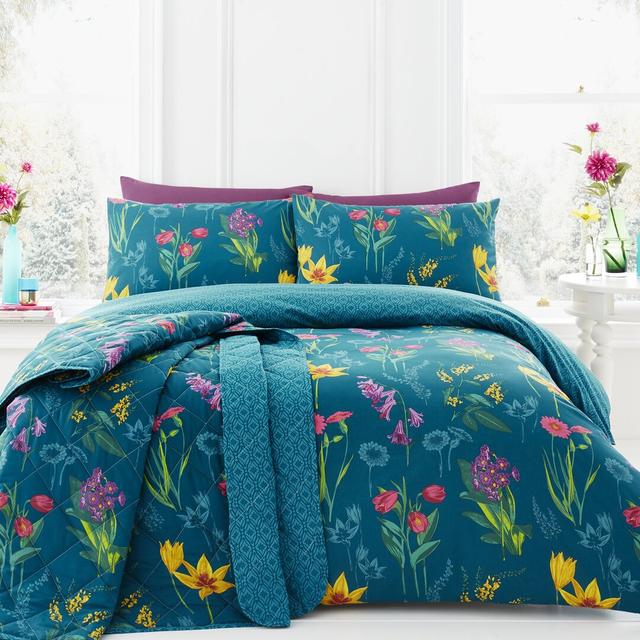 Ingrid Polyester Floral Duvet Cover Set with Pillowcases Dreams & Drapes Size: Double - 2 Standard Pillowcases, Colour: Teal on Productcaster.