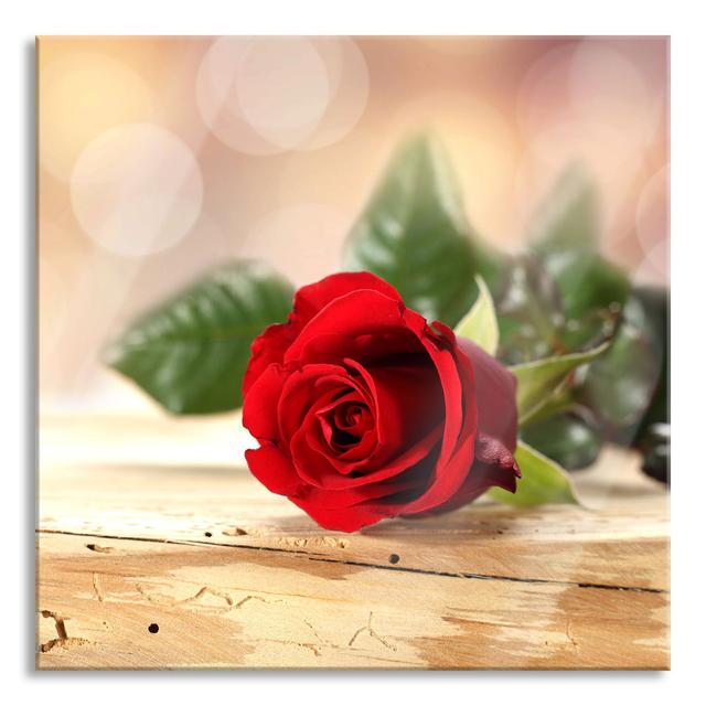 Rose On Wooden Table - No Frame Print on Glass Brayden Studio Size: 70cm H x 70cm W x 0.4cm D on Productcaster.