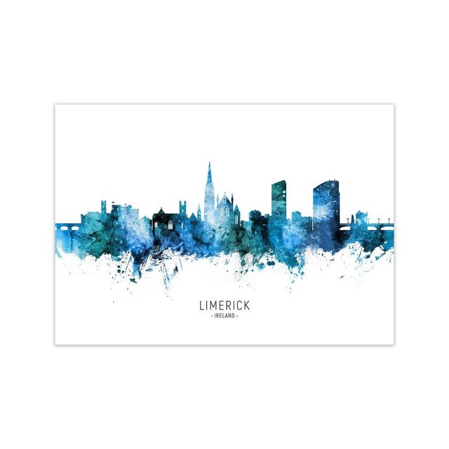 Limerick Ireland Skyline Blue City Name by Michael Tompsett - Print Ebern Designs Format: Unframed, Size: 60cm H x 84cm W x 1cm D on Productcaster.