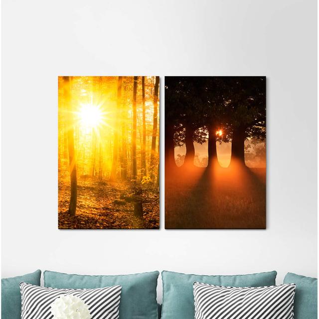 2-tlg. Leinwandbilder-Set - Grafikdruck „Forest Autumn Leaves Sun Rays Warm Light Relaxing Healing” East Urban Home on Productcaster.