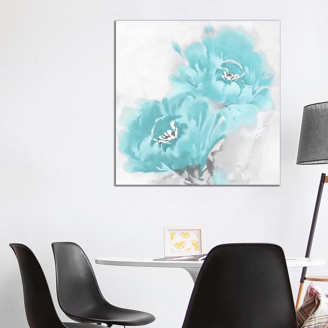 Flower Bloom In Aqua I by Jesse Stevens - Print on Canvas East Urban Home Format: Wrapped Canvas, Size: 93.98cm H x 93.98cm W x 3.8cm D on Productcaster.