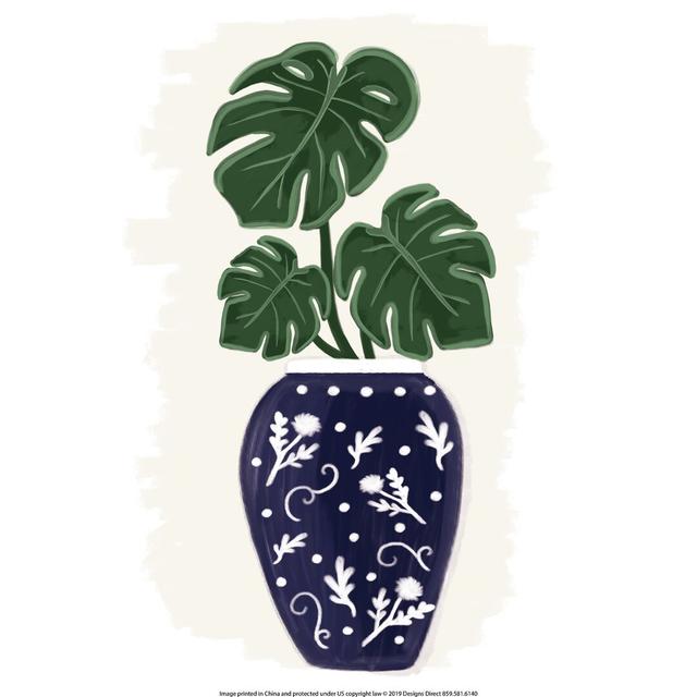 Navy Vase with Monstera Leaves - Wrapped Canvas Painting Print 17 Stories Size: 46cm H x 30cm W x 3.8cm D on Productcaster.