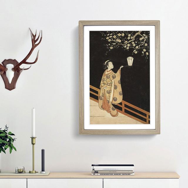 Woman Admiring Plum Blossoms by Harunobu Suzuki - Picture Frame Painting Print East Urban Home Frame Option: Oak Framed, Size: 65cm H x 48cm W x 2cm D on Productcaster.