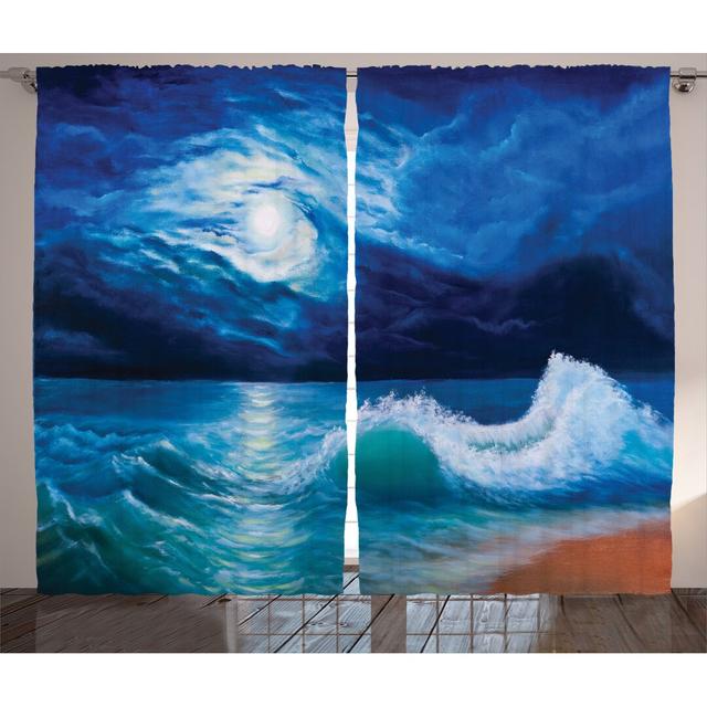 2-tlg. Vorhang-Set Moonlight over Wavy Sea Dramatic Sky Beach Landscape Picture in Oil Painting Effect mit Stangendurchzug, halbtransparent East Urban on Productcaster.