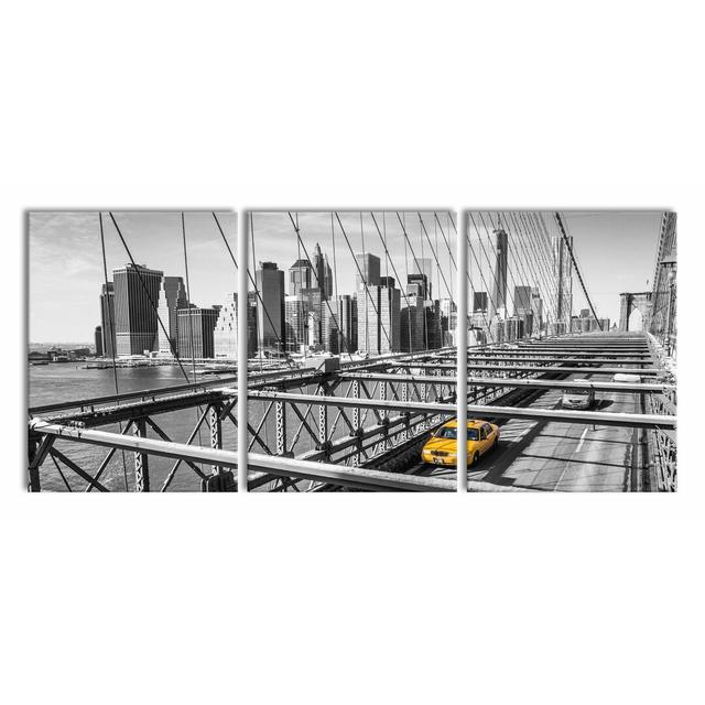 Yellow Taxi In New York On Bridge - 3 Piece Wrapped Canvas Print East Urban Home Size: 80cm H x 180cm W on Productcaster.