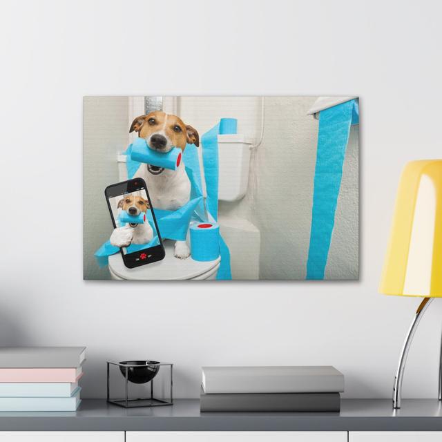 Jack Russell Terrier Holding Phone On Toilet Funny Canvas Wall Art Happy Larry on Productcaster.