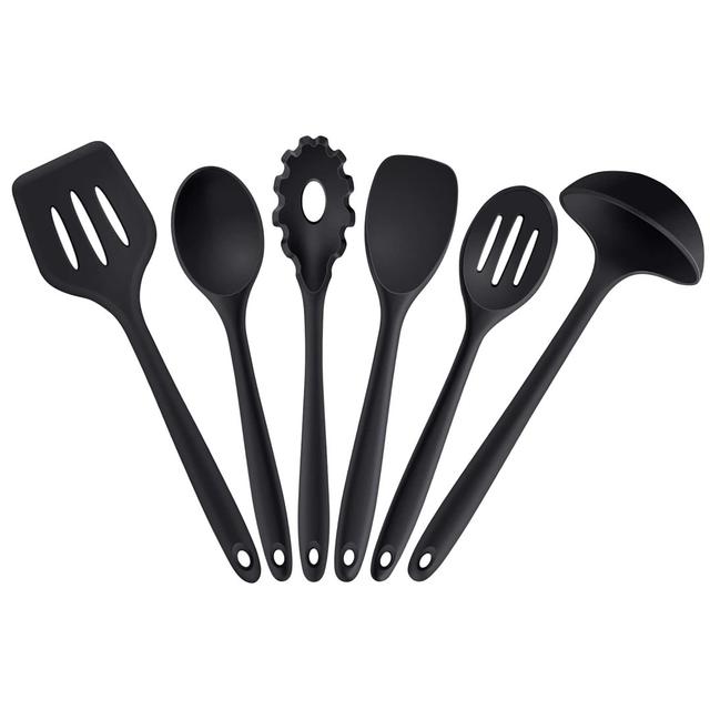 6PCS Kitchen Utensils Set, Non-Stick Silicone Cooking Tools With Soup Ladle, Slotted Spoon, Pasta Fork, For Frying, Serving, Baking(Black) Belfry Kitc on Productcaster.