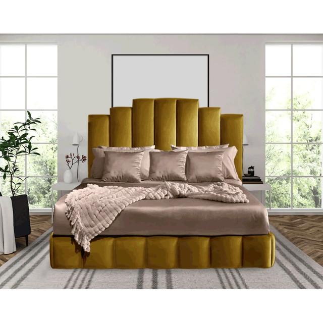 Kantor Upholstered Bed Frame Canora Grey Colour: Turmeric Yellow, Size: Double (4’6) on Productcaster.