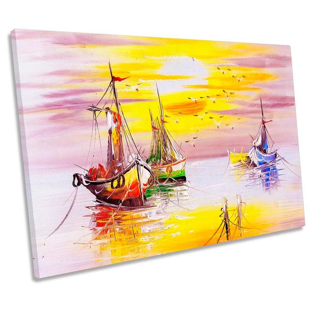 Fishing Boats Sunset Yellow Framed - Wrapped Canvas Art Prints Longshore Tides Size: 50.8cm H x 76.2cm W x 2cm D on Productcaster.